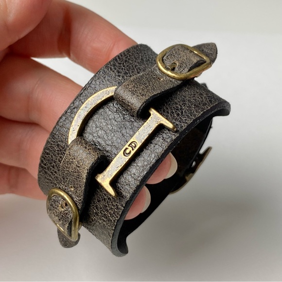 VTG Christian Dior Brown Leather Bronze Saddle D Charm Belt Buckle Logo Bracelet - Picture 12 of 15